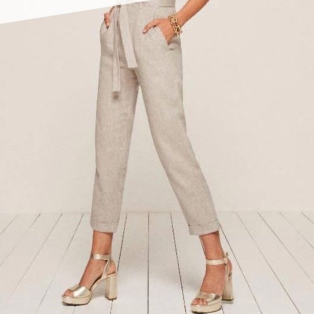 Reformation Fisher Paperbag Linen Straight Leg Cuffed Ankle Pants tan fall boho